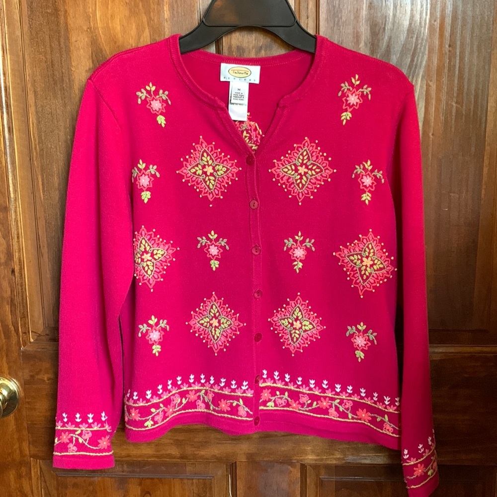 Sweet Talbots Petites raspberry cotton knit button down sweater w/ embroidery M